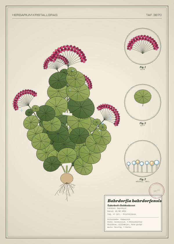 Botanische Tafel: Bahrdorfia bahrdorfensis, eine erfundene Pflanze aus Bahrdorf, gezeichnet wie in einem alten Pflanzenatlas