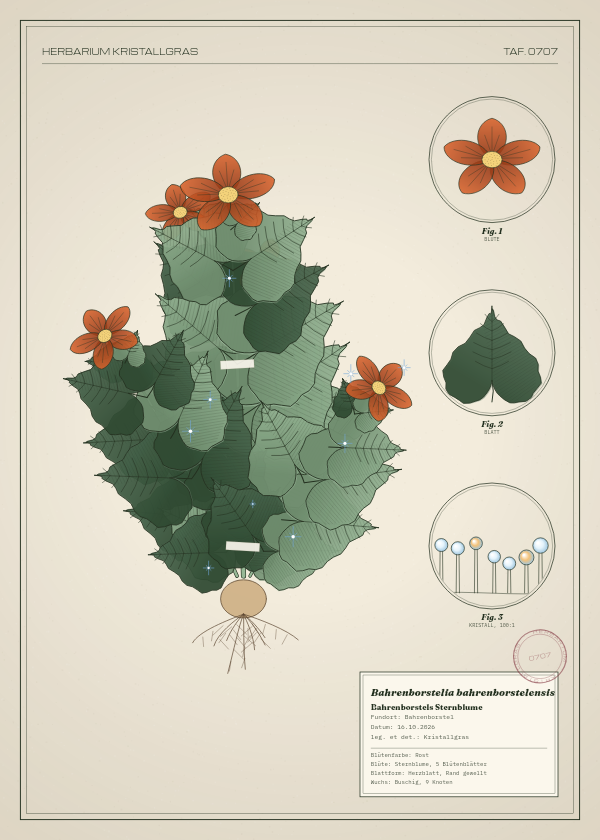 Botanische Tafel: Bahrenborstelia bahrenborstelensis, eine erfundene Pflanze aus Bahrenborstel, gezeichnet wie in einem alten Pflanzenatlas