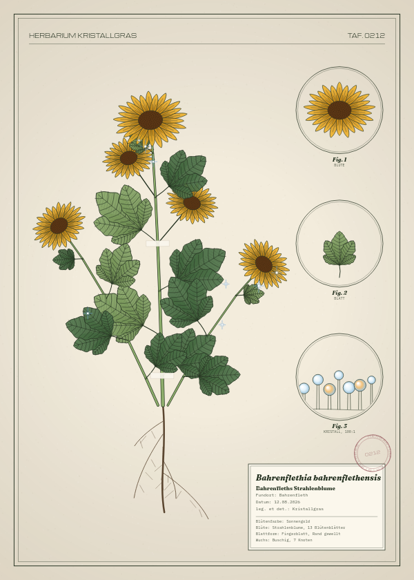 Botanische Tafel: Bahrenflethia bahrenflethensis, eine erfundene Pflanze aus Bahrenfleth, gezeichnet wie in einem alten Pflanzenatlas