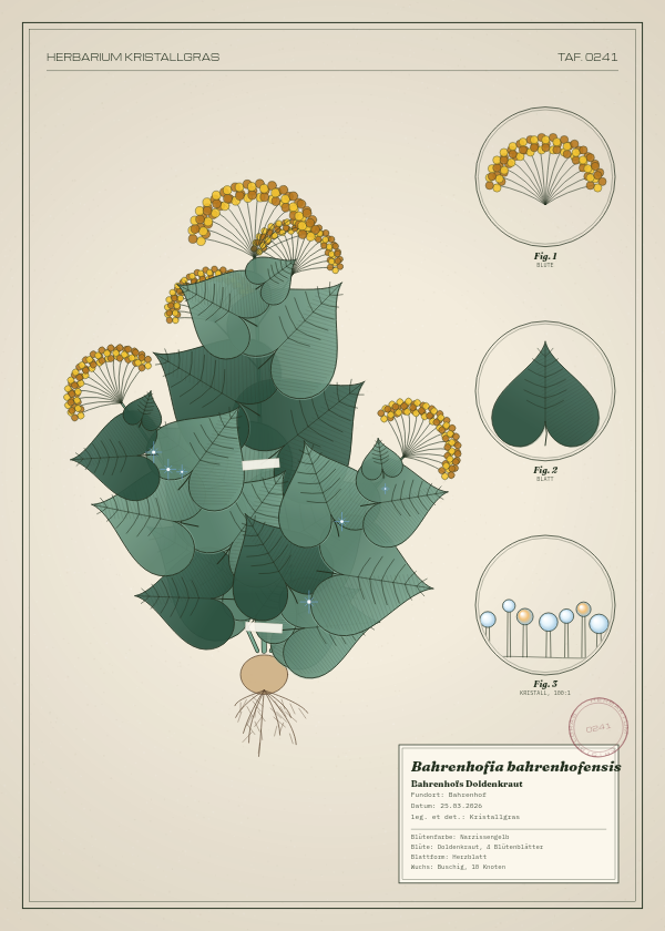 Botanische Tafel: Bahrenhofia bahrenhofensis, eine erfundene Pflanze aus Bahrenhof, gezeichnet wie in einem alten Pflanzenatlas