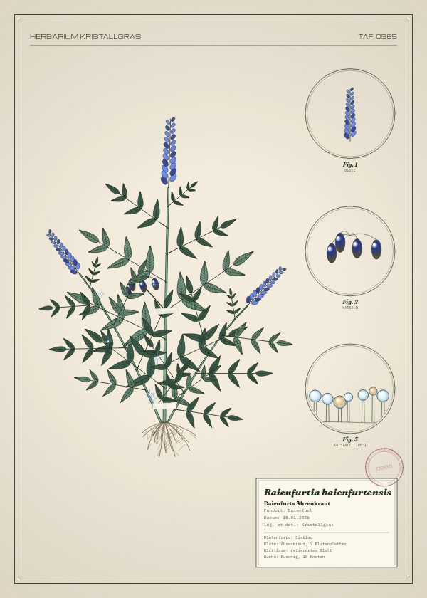 Botanische Tafel: Baienfurtia baienfurtensis, eine erfundene Pflanze aus Baienfurt, gezeichnet wie in einem alten Pflanzenatlas