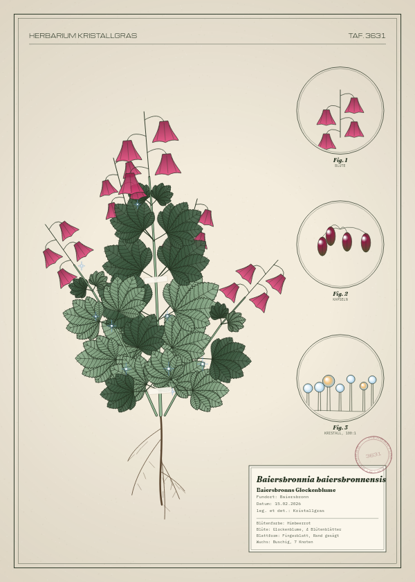 Botanische Tafel: Baiersbronnia baiersbronnensis, eine erfundene Pflanze aus Baiersbronn, gezeichnet wie in einem alten Pflanzenatlas