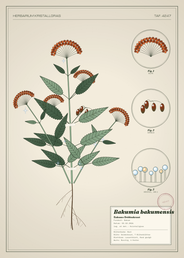 Botanische Tafel: Bakumia bakumensis, eine erfundene Pflanze aus Bakum, gezeichnet wie in einem alten Pflanzenatlas