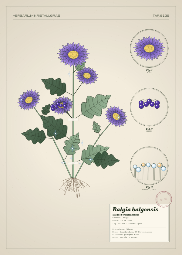 Botanische Tafel: Balgia balgensis, eine erfundene Pflanze aus Balge, gezeichnet wie in einem alten Pflanzenatlas