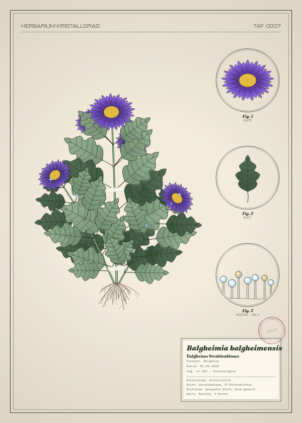 Botanische Tafel: Balgheimia balgheimensis, eine erfundene Pflanze aus Balgheim, gezeichnet wie in einem alten Pflanzenatlas
