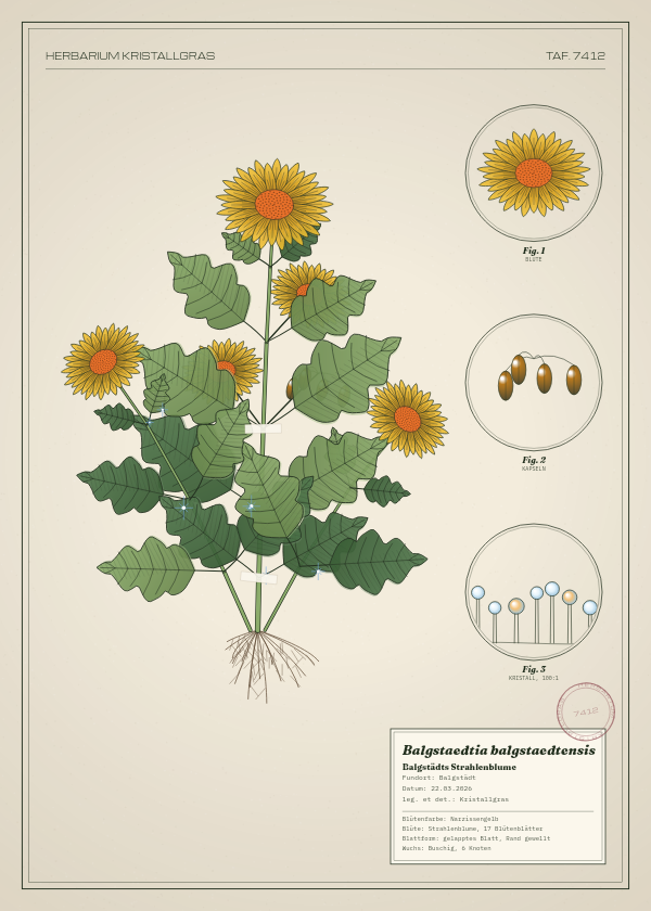 Botanische Tafel: Balgstaedtia balgstaedtensis, eine erfundene Pflanze aus Balgstädt, gezeichnet wie in einem alten Pflanzenatlas