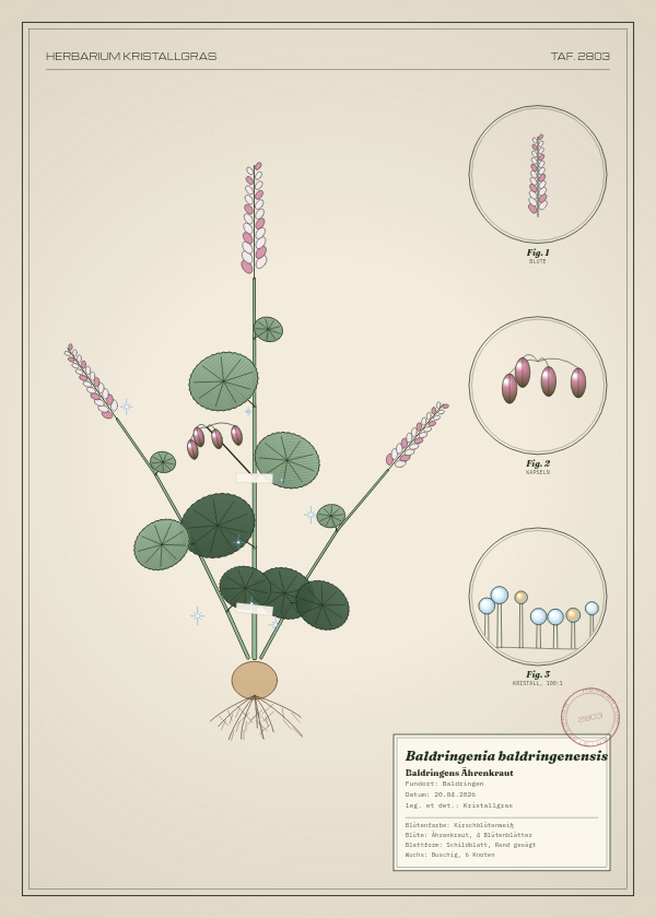 Botanische Tafel: Baldringenia baldringenensis, eine erfundene Pflanze aus Baldringen, gezeichnet wie in einem alten Pflanzenatlas
