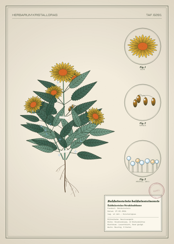 Botanische Tafel: Balduinsteinia balduinsteinensis, eine erfundene Pflanze aus Balduinstein, gezeichnet wie in einem alten Pflanzenatlas