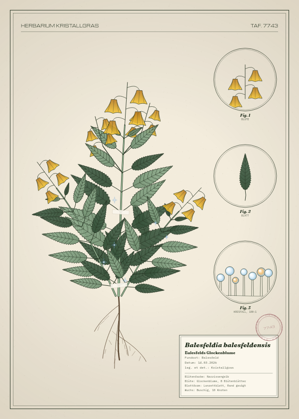 Botanische Tafel: Balesfeldia balesfeldensis, eine erfundene Pflanze aus Balesfeld, gezeichnet wie in einem alten Pflanzenatlas