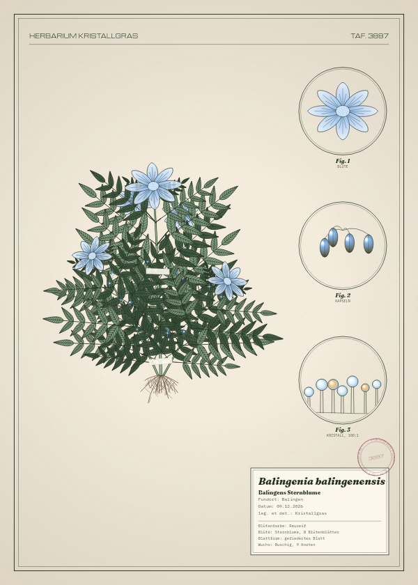 Botanische Tafel: Balingenia balingenensis, eine erfundene Pflanze aus Balingen, gezeichnet wie in einem alten Pflanzenatlas