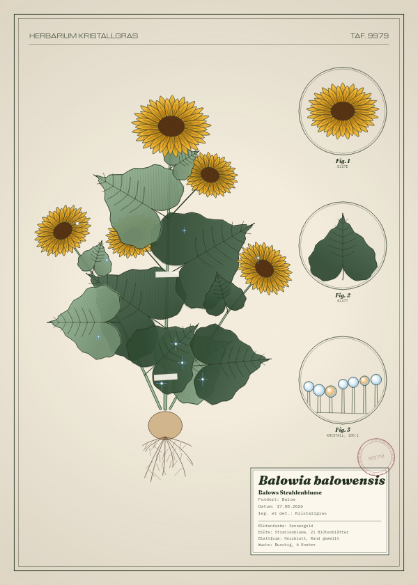 Botanische Tafel: Balowia balowensis, eine erfundene Pflanze aus Balow, gezeichnet wie in einem alten Pflanzenatlas