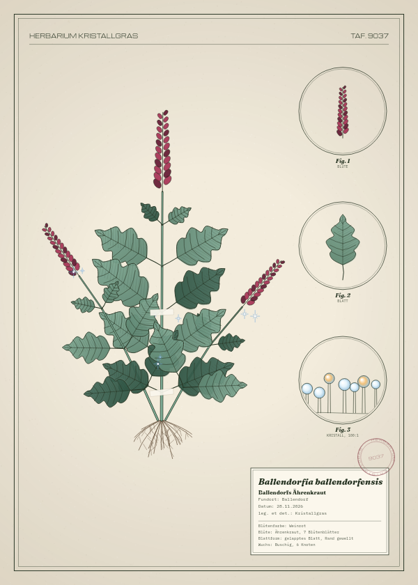 Botanische Tafel: Ballendorfia ballendorfensis, eine erfundene Pflanze aus Ballendorf, gezeichnet wie in einem alten Pflanzenatlas