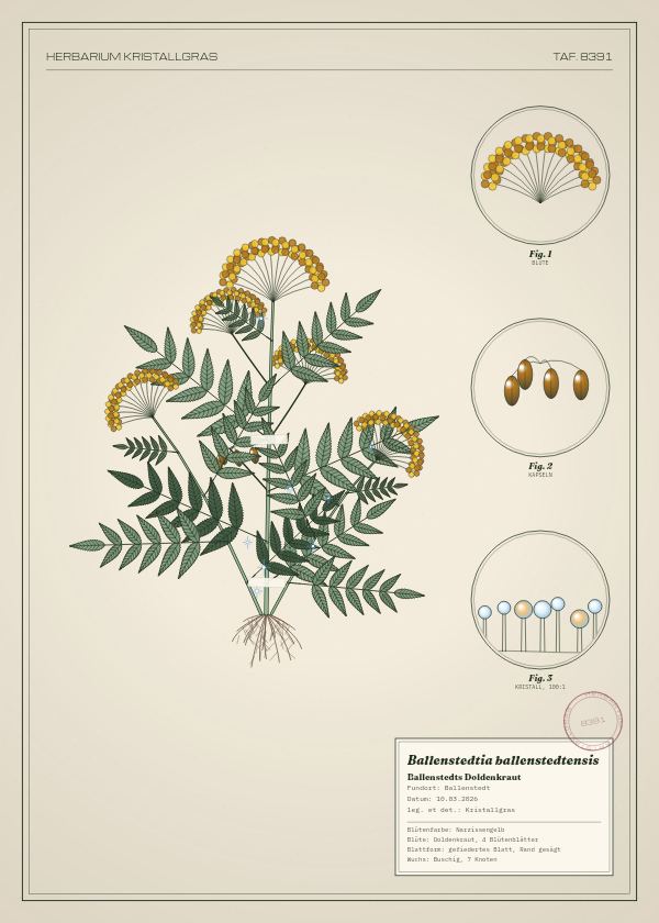 Botanische Tafel: Ballenstedtia ballenstedtensis, eine erfundene Pflanze aus Ballenstedt, gezeichnet wie in einem alten Pflanzenatlas