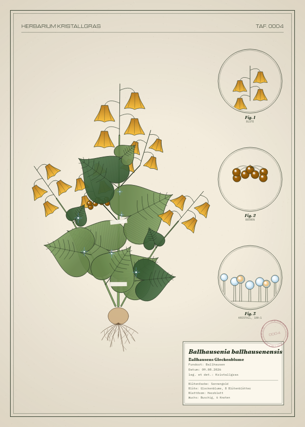 Botanische Tafel: Ballhausenia ballhausenensis, eine erfundene Pflanze aus Ballhausen, gezeichnet wie in einem alten Pflanzenatlas