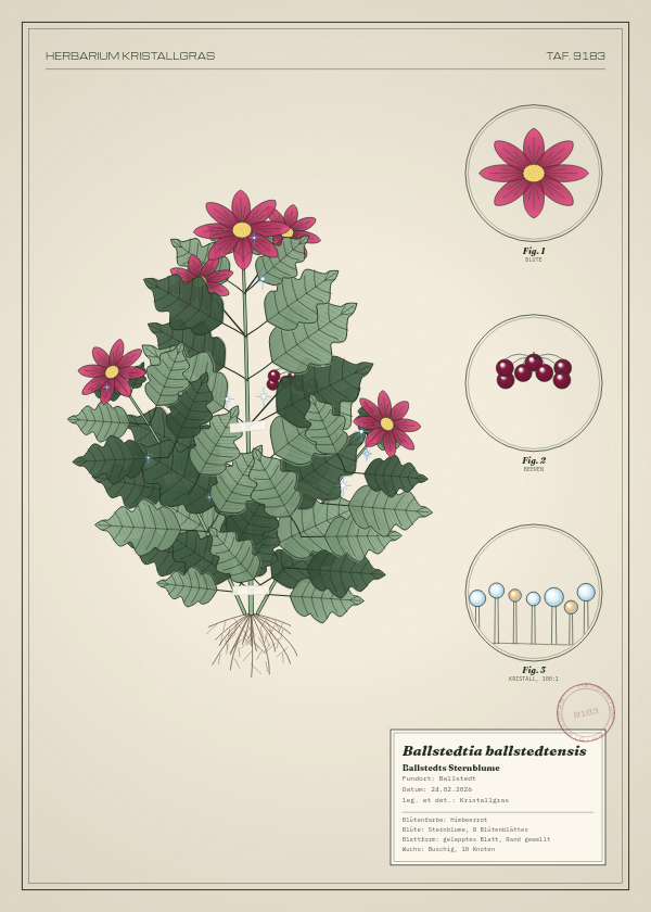 Botanische Tafel: Ballstedtia ballstedtensis, eine erfundene Pflanze aus Ballstedt, gezeichnet wie in einem alten Pflanzenatlas