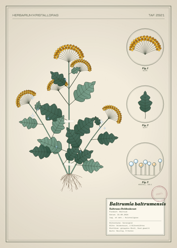 Botanische Tafel: Baltrumia baltrumensis, eine erfundene Pflanze aus Baltrum, gezeichnet wie in einem alten Pflanzenatlas