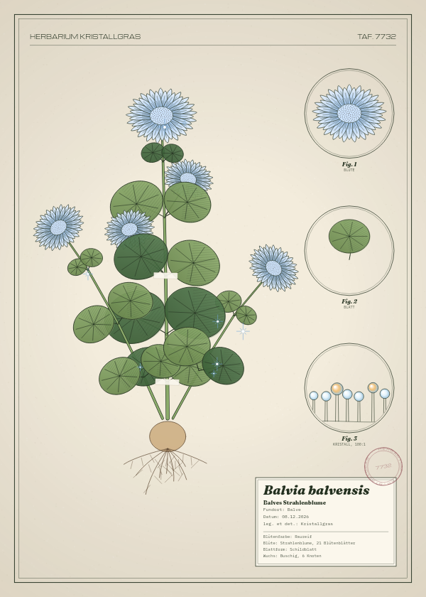 Botanische Tafel: Balvia balvensis, eine erfundene Pflanze aus Balve, gezeichnet wie in einem alten Pflanzenatlas
