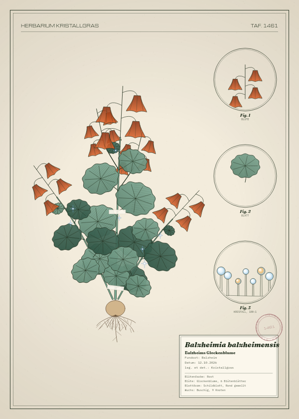 Botanische Tafel: Balzheimia balzheimensis, eine erfundene Pflanze aus Balzheim, gezeichnet wie in einem alten Pflanzenatlas