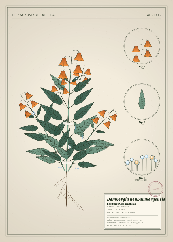 Botanische Tafel: Bambergia neubambergensis, eine erfundene Pflanze aus Neu-Bamberg, gezeichnet wie in einem alten Pflanzenatlas