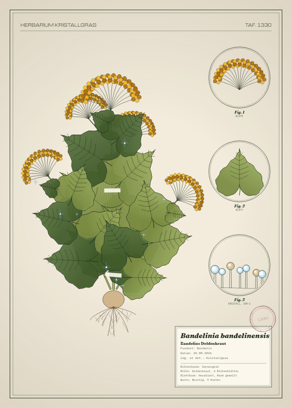 Botanische Tafel: Bandelinia bandelinensis, eine erfundene Pflanze aus Bandelin, gezeichnet wie in einem alten Pflanzenatlas