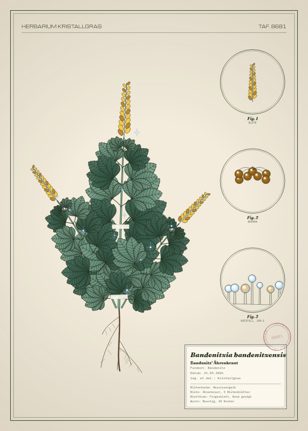 Botanische Tafel: Bandenitzia bandenitzensis, eine erfundene Pflanze aus Bandenitz, gezeichnet wie in einem alten Pflanzenatlas