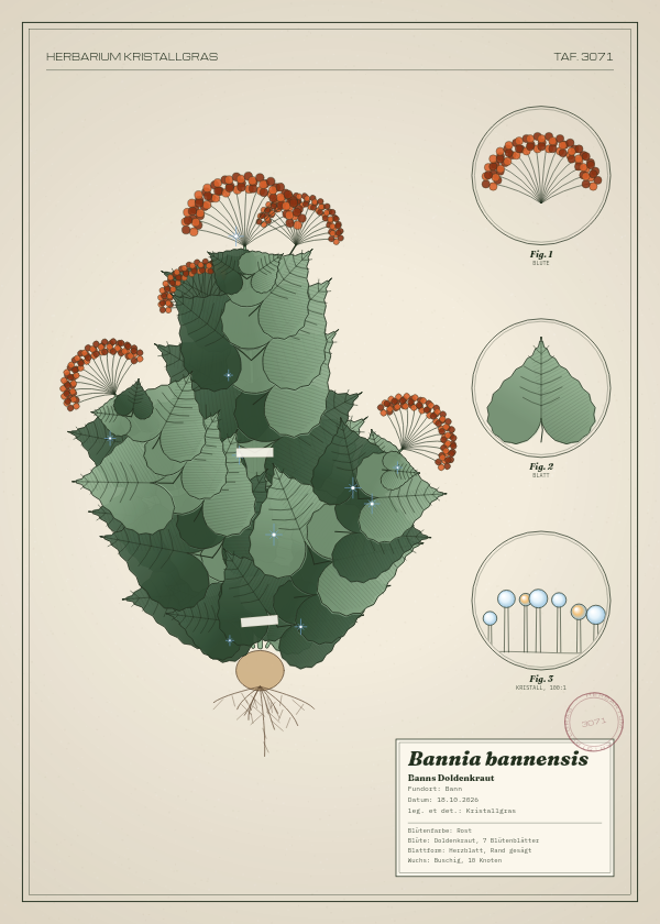 Botanische Tafel: Bannia bannensis, eine erfundene Pflanze aus Bann, gezeichnet wie in einem alten Pflanzenatlas