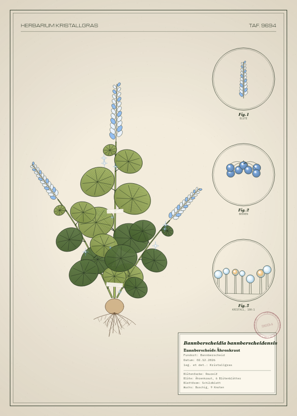 Botanische Tafel: Bannberscheidia bannberscheidensis, eine erfundene Pflanze aus Bannberscheid, gezeichnet wie in einem alten Pflanzenatlas