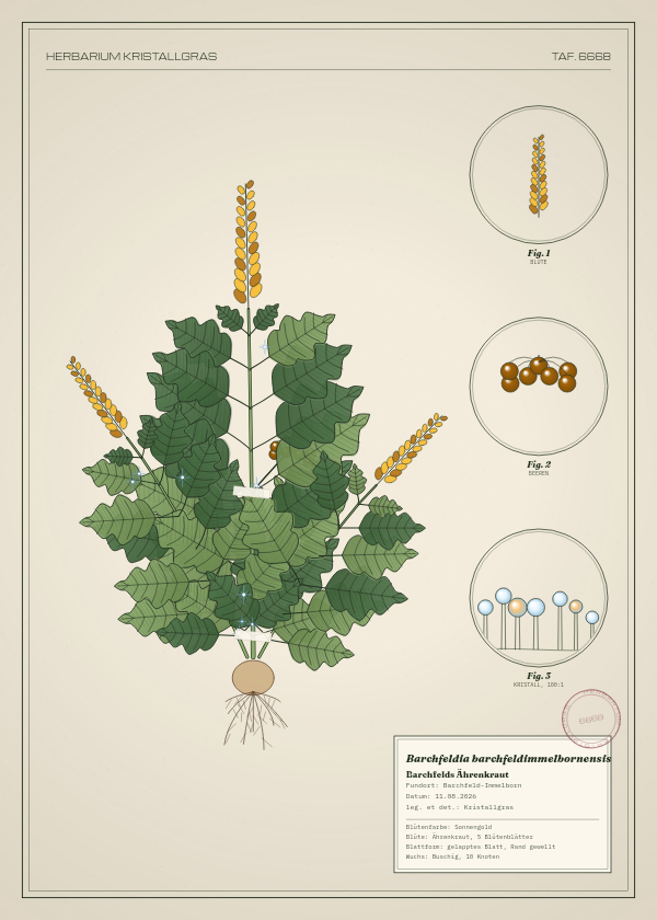 Botanische Tafel: Barchfeldia barchfeldimmelbornensis, eine erfundene Pflanze aus Barchfeld-Immelborn, gezeichnet wie in einem alten Pflanzenatlas