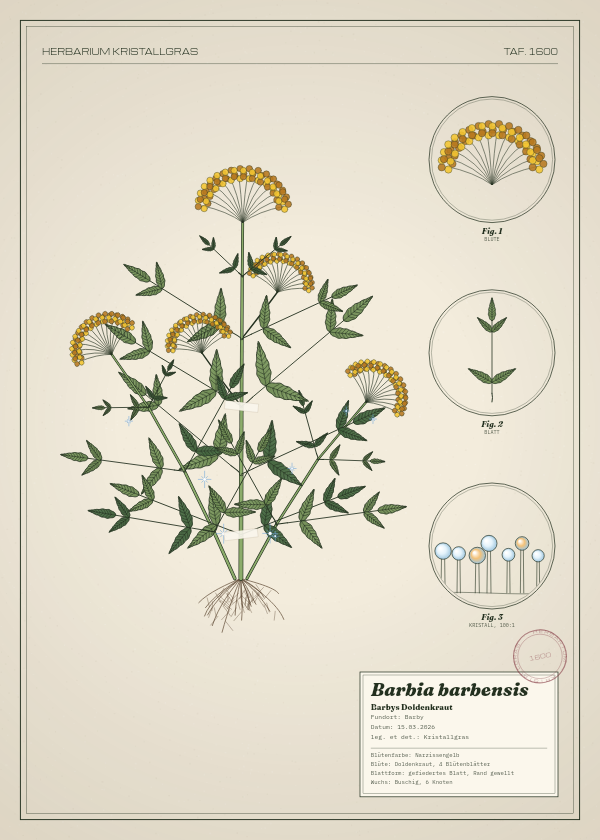 Botanische Tafel: Barbia barbensis, eine erfundene Pflanze aus Barby, gezeichnet wie in einem alten Pflanzenatlas