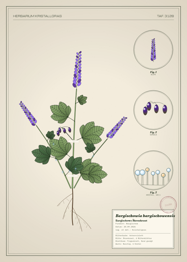 Botanische Tafel: Bargischowia bargischowensis, eine erfundene Pflanze aus Bargischow, gezeichnet wie in einem alten Pflanzenatlas