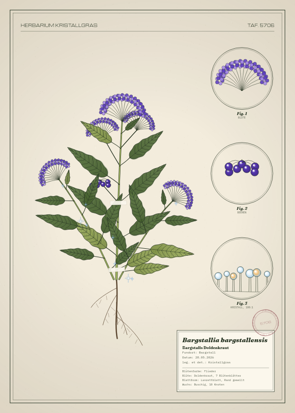 Botanische Tafel: Bargstallia bargstallensis, eine erfundene Pflanze aus Bargstall, gezeichnet wie in einem alten Pflanzenatlas