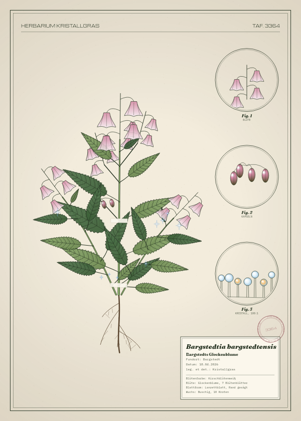 Botanische Tafel: Bargstedtia bargstedtensis, eine erfundene Pflanze aus Bargstedt, gezeichnet wie in einem alten Pflanzenatlas