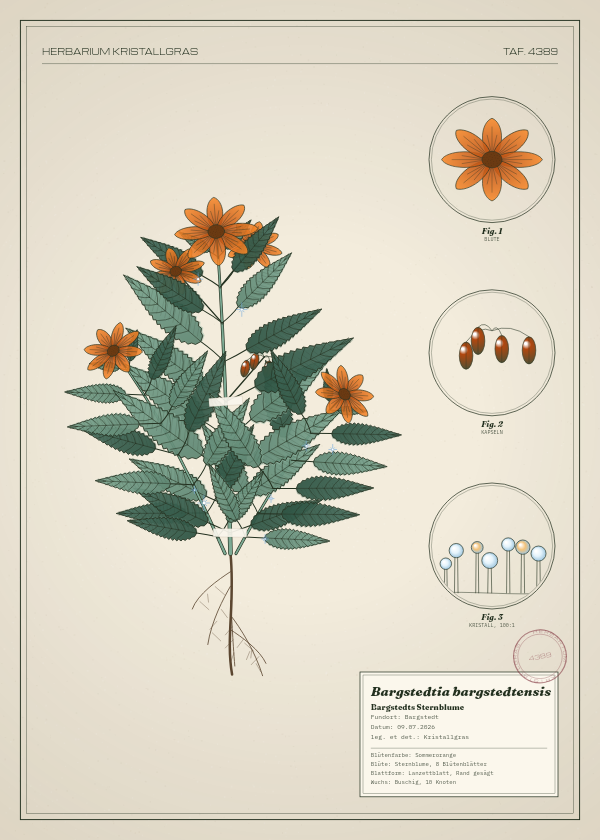 Botanische Tafel: Bargstedtia bargstedtensis, eine erfundene Pflanze aus Bargstedt, gezeichnet wie in einem alten Pflanzenatlas