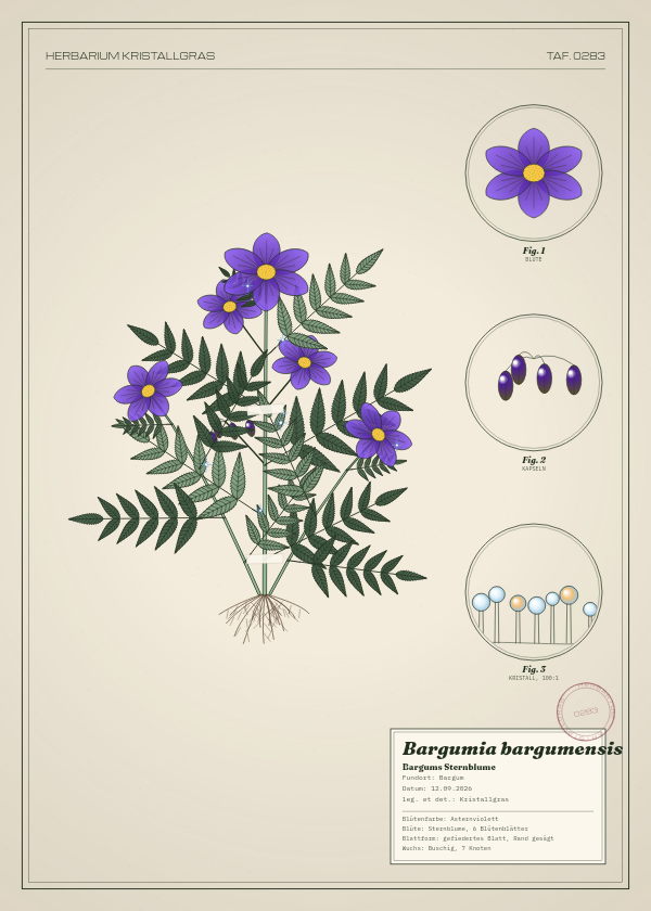 Botanische Tafel: Bargumia bargumensis, eine erfundene Pflanze aus Bargum, gezeichnet wie in einem alten Pflanzenatlas