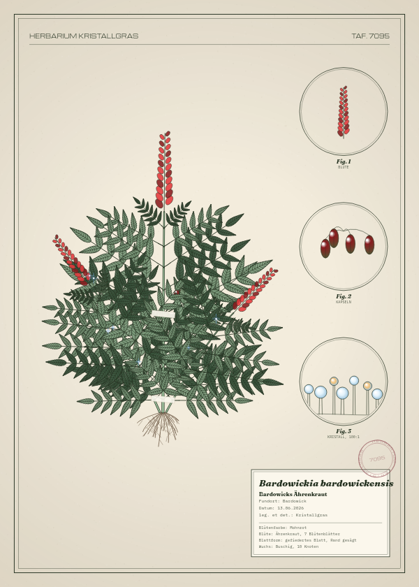 Botanische Tafel: Bardowickia bardowickensis, eine erfundene Pflanze aus Bardowick, gezeichnet wie in einem alten Pflanzenatlas