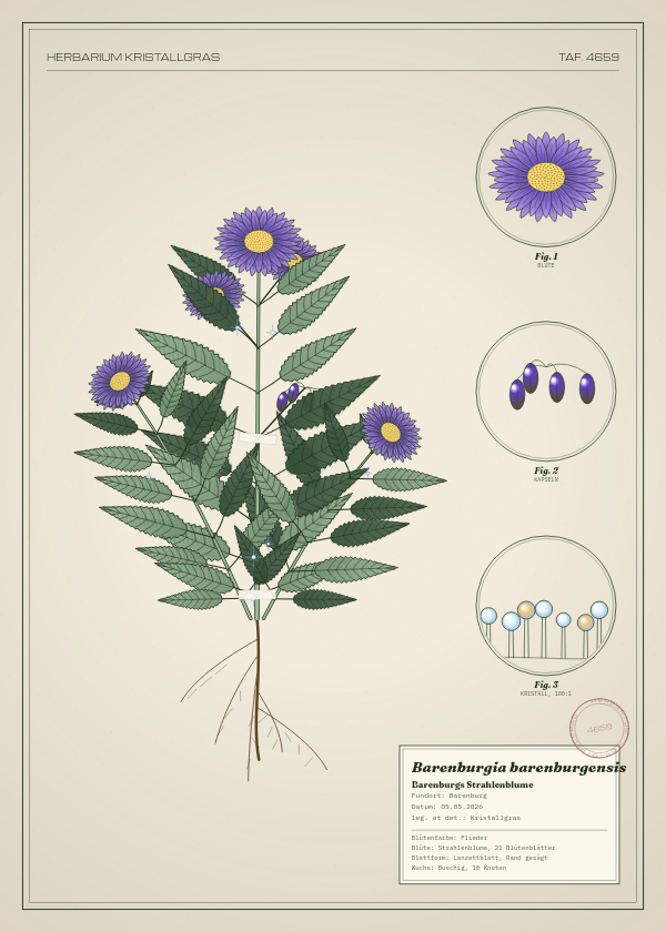 Botanische Tafel: Barenburgia barenburgensis, eine erfundene Pflanze aus Barenburg, gezeichnet wie in einem alten Pflanzenatlas