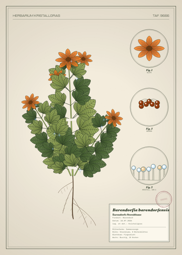 Botanische Tafel: Barendorfia barendorfensis, eine erfundene Pflanze aus Barendorf, gezeichnet wie in einem alten Pflanzenatlas