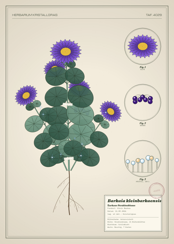 Botanische Tafel: Barkaia kleinbarkaensis, eine erfundene Pflanze aus Klein Barkau, gezeichnet wie in einem alten Pflanzenatlas
