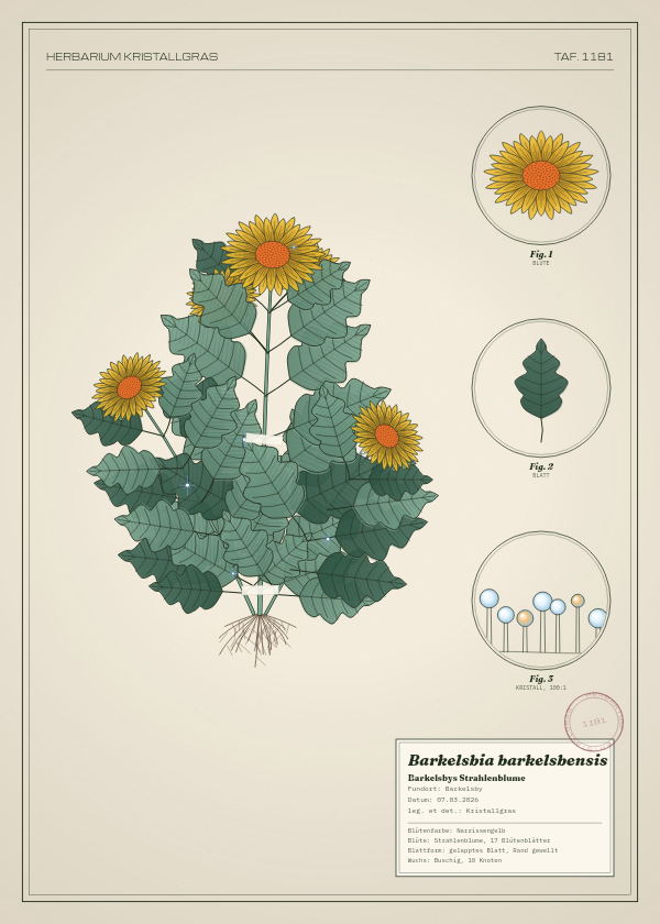 Botanische Tafel: Barkelsbia barkelsbensis, eine erfundene Pflanze aus Barkelsby, gezeichnet wie in einem alten Pflanzenatlas
