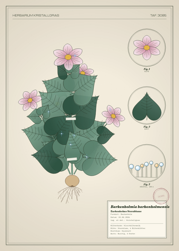 Botanische Tafel: Barkenholmia barkenholmensis, eine erfundene Pflanze aus Barkenholm, gezeichnet wie in einem alten Pflanzenatlas