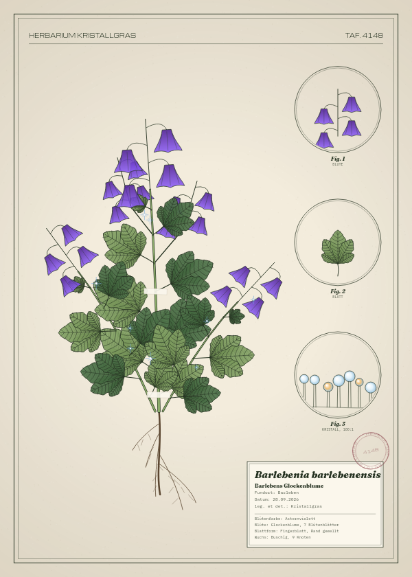 Botanische Tafel: Barlebenia barlebenensis, eine erfundene Pflanze aus Barleben, gezeichnet wie in einem alten Pflanzenatlas