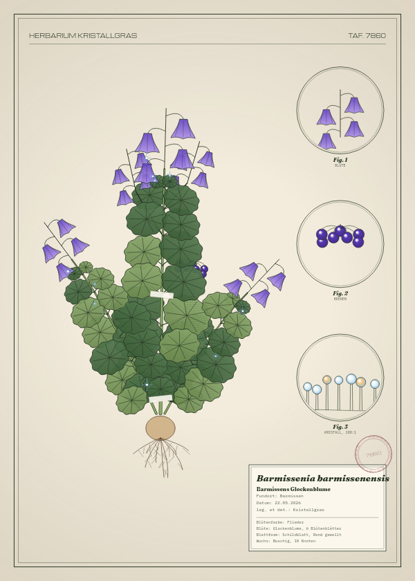 Botanische Tafel: Barmissenia barmissenensis, eine erfundene Pflanze aus Barmissen, gezeichnet wie in einem alten Pflanzenatlas