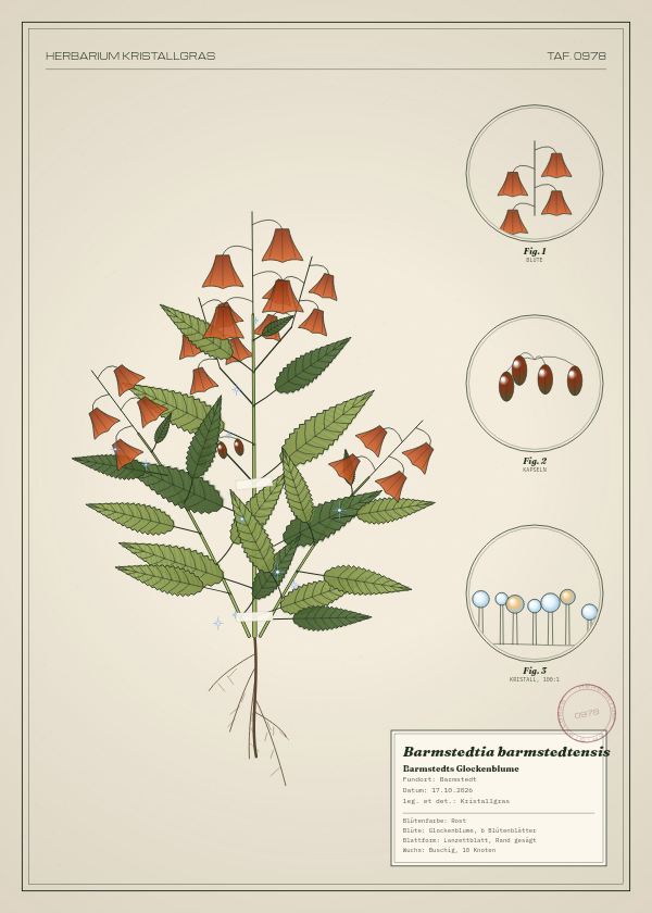 Botanische Tafel: Barmstedtia barmstedtensis, eine erfundene Pflanze aus Barmstedt, gezeichnet wie in einem alten Pflanzenatlas