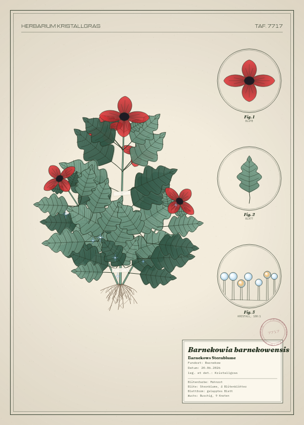 Botanische Tafel: Barnekowia barnekowensis, eine erfundene Pflanze aus Barnekow, gezeichnet wie in einem alten Pflanzenatlas