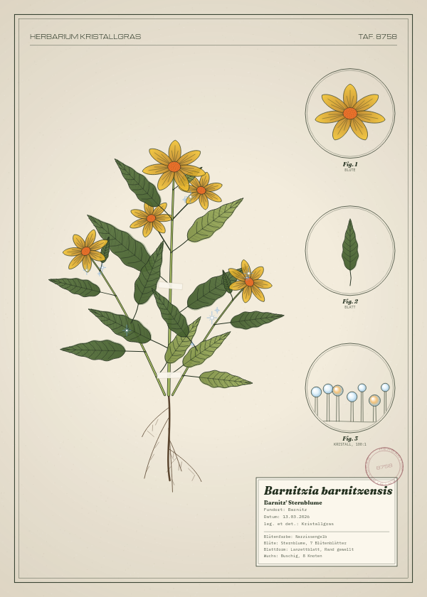Botanische Tafel: Barnitzia barnitzensis, eine erfundene Pflanze aus Barnitz, gezeichnet wie in einem alten Pflanzenatlas