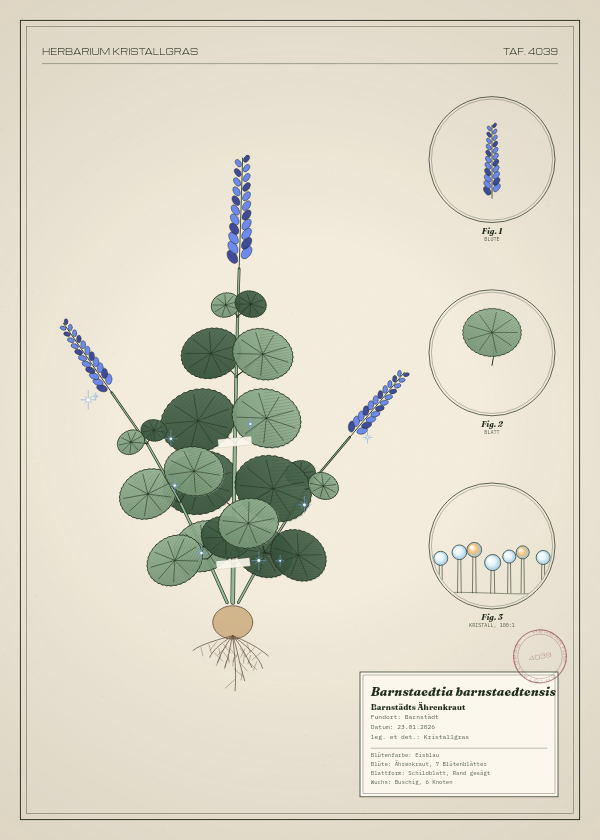 Botanische Tafel: Barnstaedtia barnstaedtensis, eine erfundene Pflanze aus Barnstädt, gezeichnet wie in einem alten Pflanzenatlas