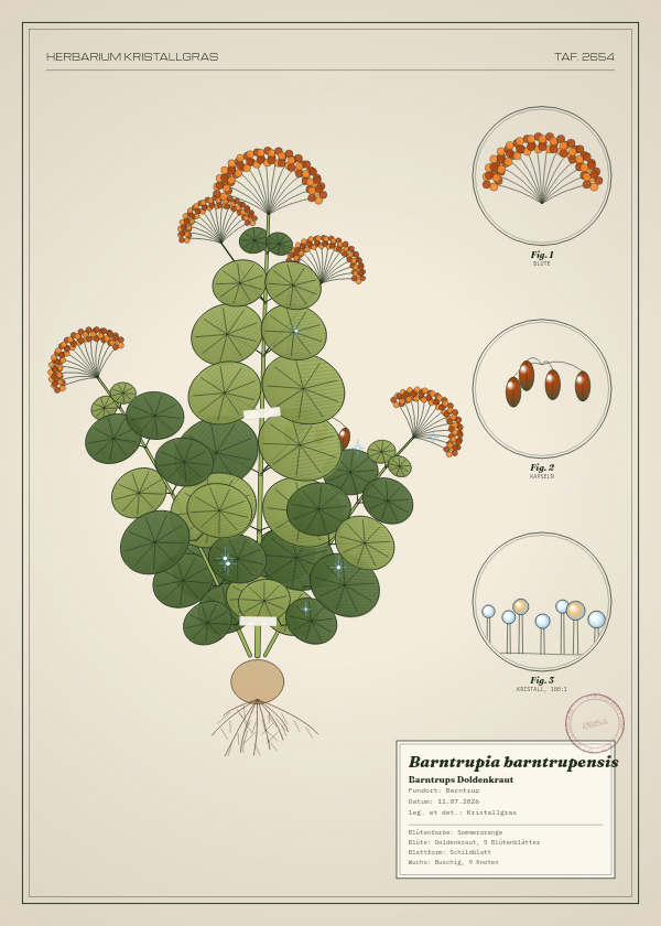 Botanische Tafel: Barntrupia barntrupensis, eine erfundene Pflanze aus Barntrup, gezeichnet wie in einem alten Pflanzenatlas