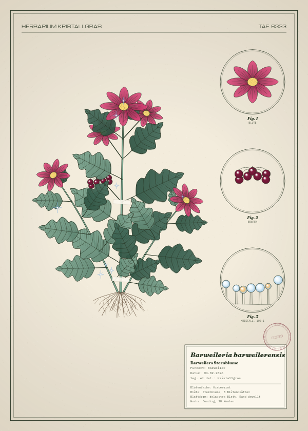 Botanische Tafel: Barweileria barweilerensis, eine erfundene Pflanze aus Barweiler, gezeichnet wie in einem alten Pflanzenatlas