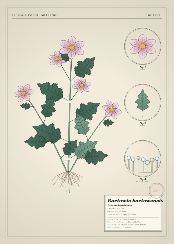 Botanische Tafel: Bartowia bartowensis, eine erfundene Pflanze aus Bartow, gezeichnet wie in einem alten Pflanzenatlas
