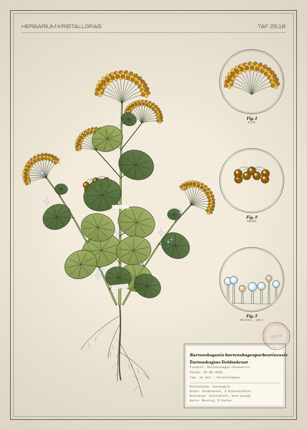 Botanische Tafel: Bartenshagenia bartenshagenparkentinensis, eine erfundene Pflanze aus Bartenshagen-Parkentin, gezeichnet wie in einem alten Pflanzenatlas